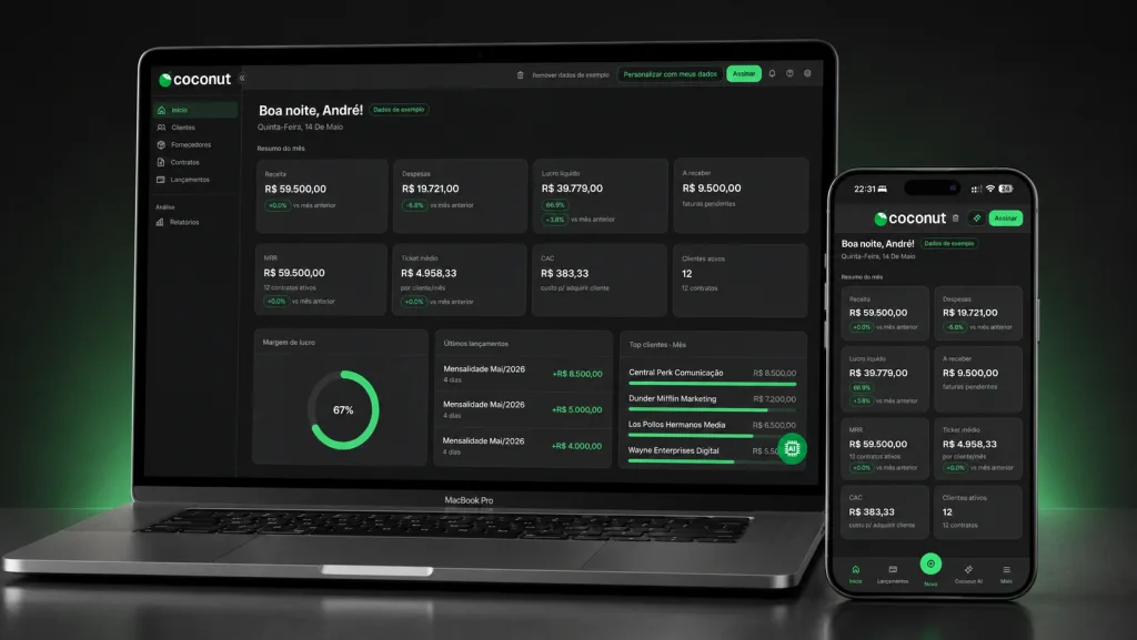 Dashboard do Coconut mostrando receitas, despesas e lucro